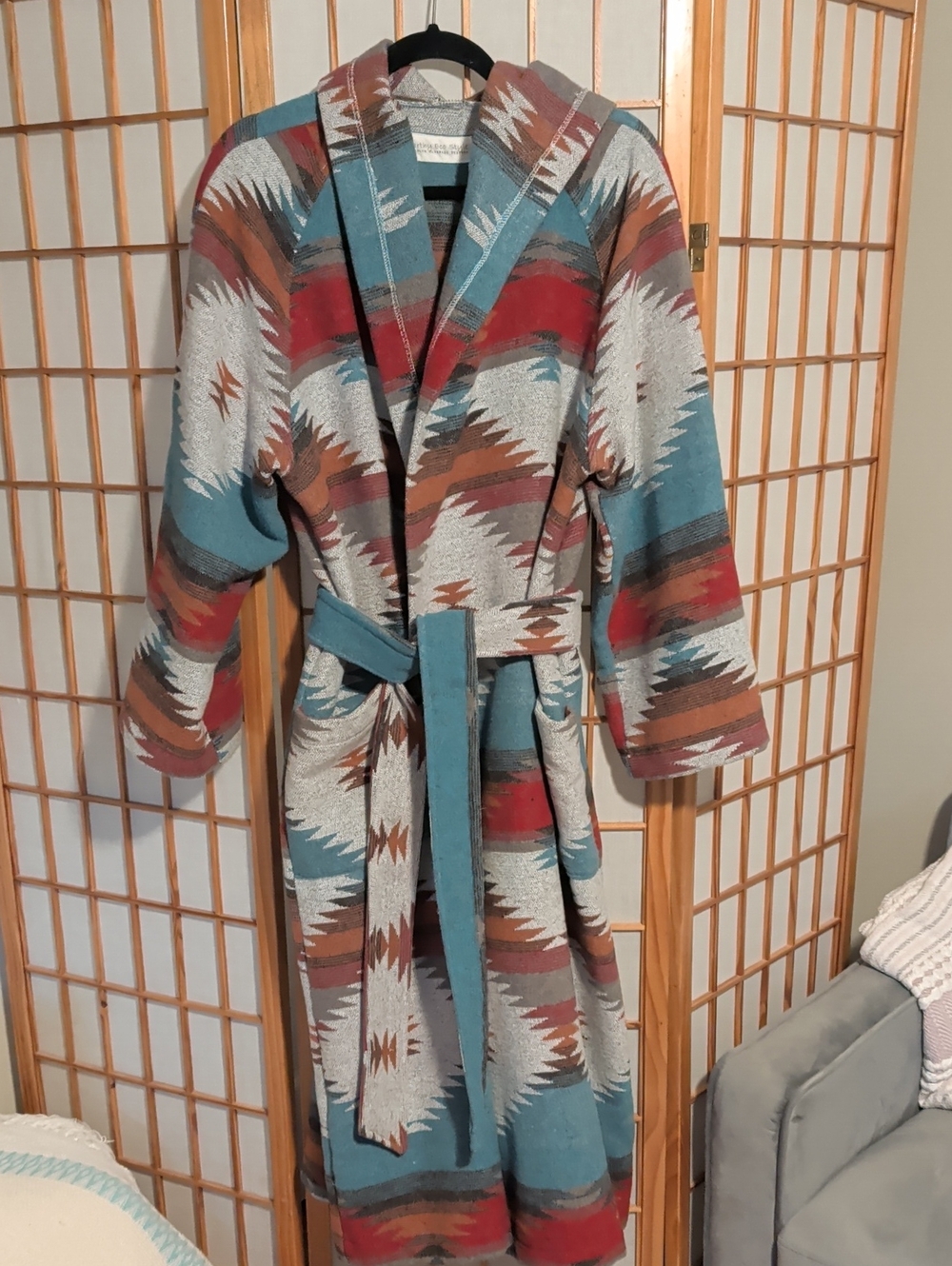 Southwest Pattern Open Front Belted Coat in Teal & Rust